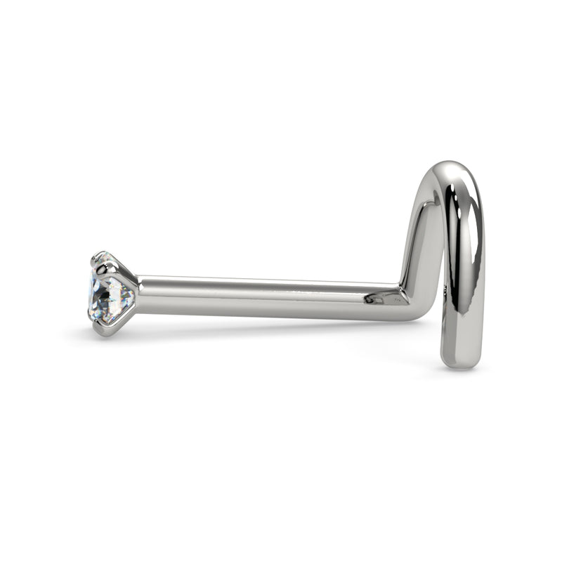 Side profile of 14k white gold diamond nose bone stud showing low-profile prong setting and post