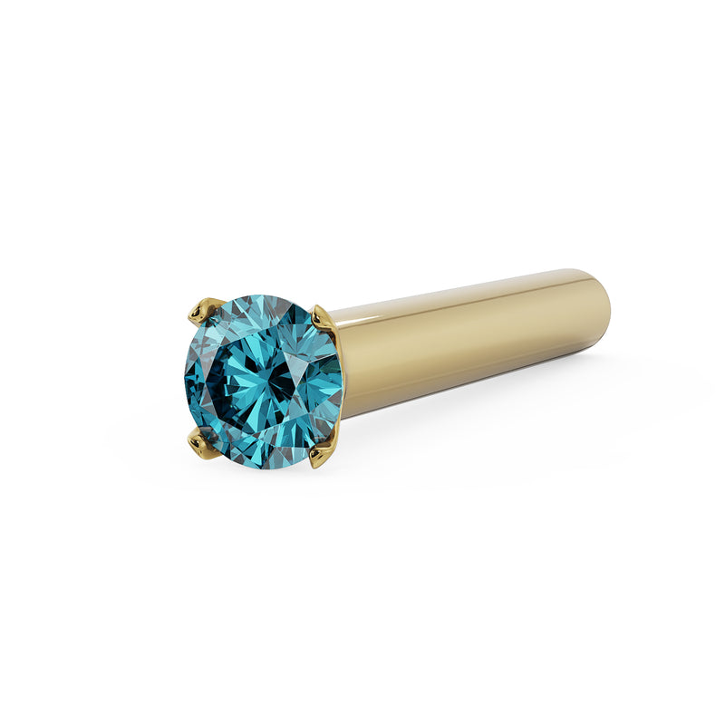 14k yellow gold 1.5mm blue diamond straight nose post, front-facing angled view of prong setting