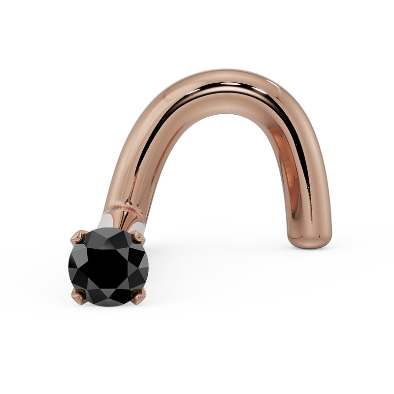 14k rose gold black diamond twist nose ring stud with four-prong setting, angled view