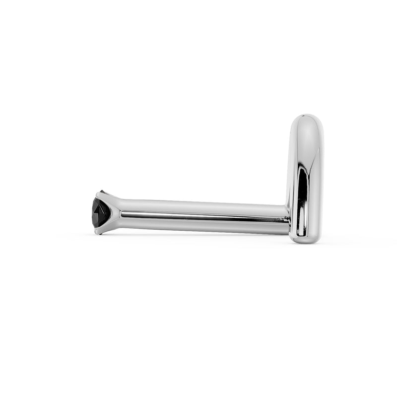 Side profile of 14k white gold black diamond L-post nose stud showing post length and gem placement