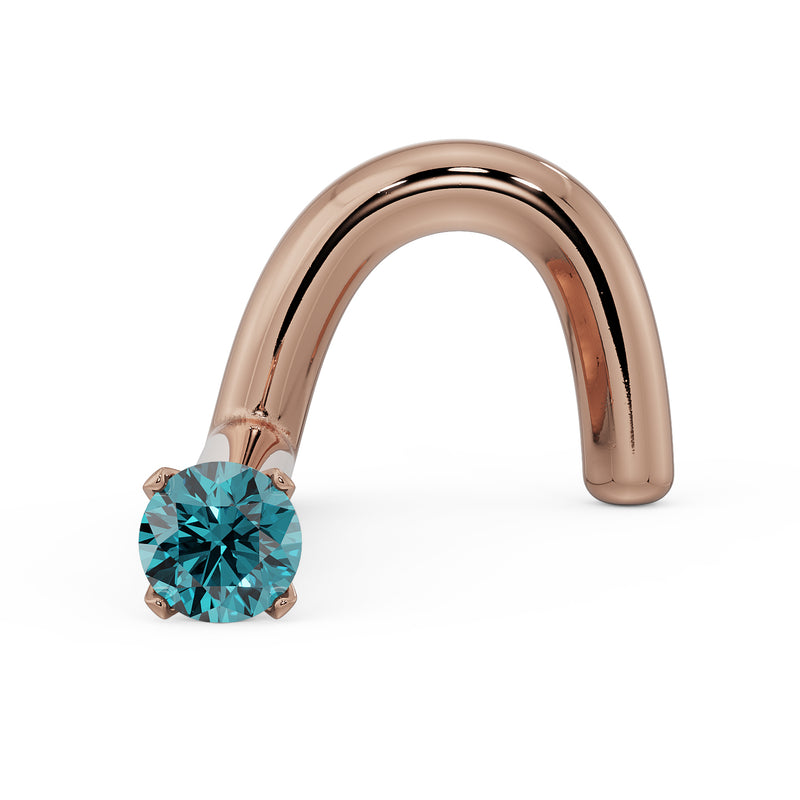 14k rose gold blue diamond twist nose ring with 1.5mm prong-set stone, three-quarter view
