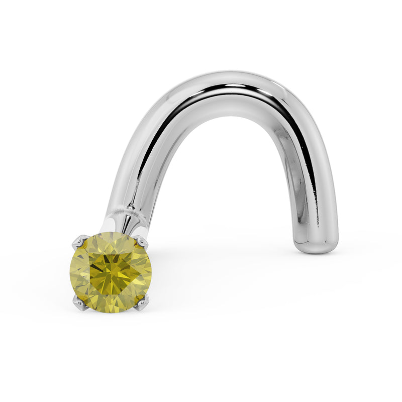 14k white gold twist nose stud with yellow diamond, angled view showing curl of twist post