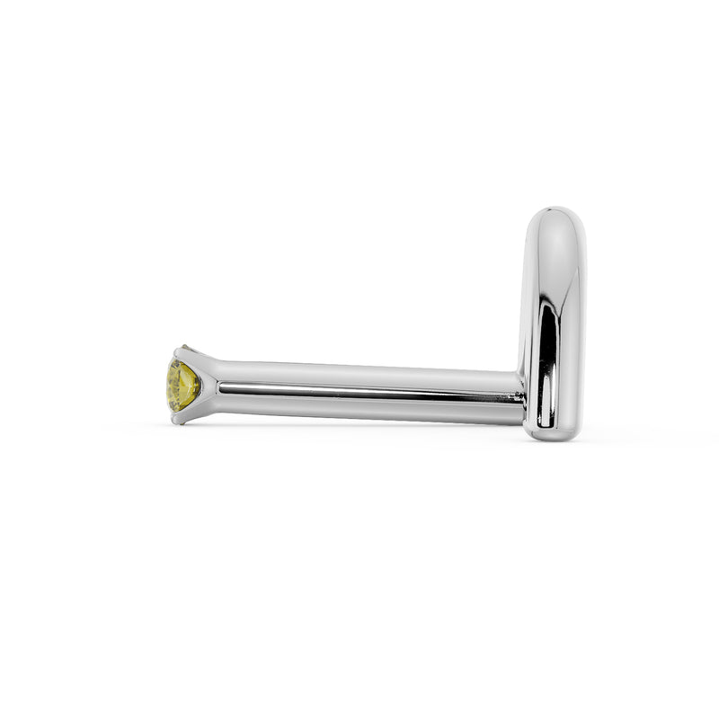 14k white gold yellow diamond nose stud with L-post style, side profile showing post shape