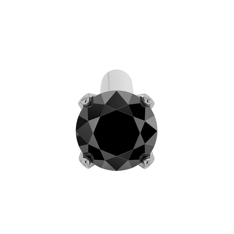 Top-down close-up of 2mm black diamond four-prong setting on platinum straight post nose stud