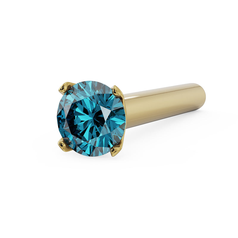 14k yellow gold straight post nose stud with 2mm blue diamond prong setting, angled view