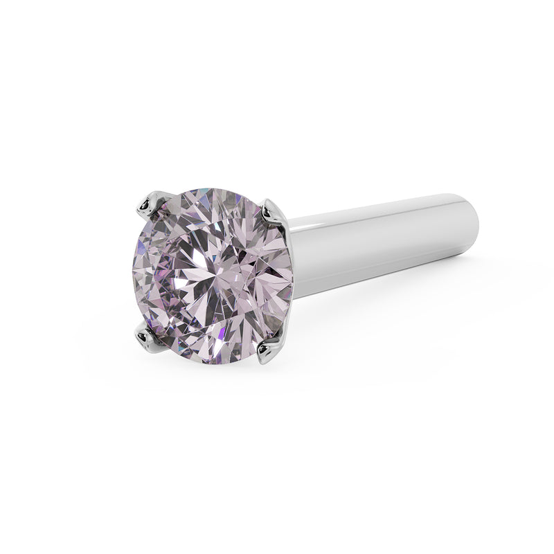 14k white gold pink diamond straight-post nose stud, angled view with four-prong diamond setting