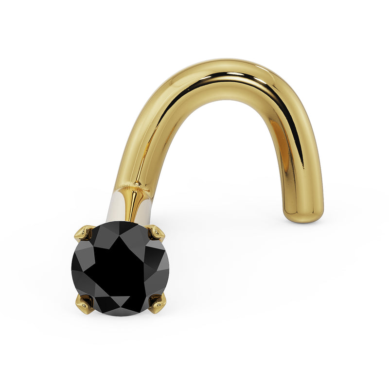 14k yellow gold twist nose screw with 2mm black diamond in four-prong setting, angled view