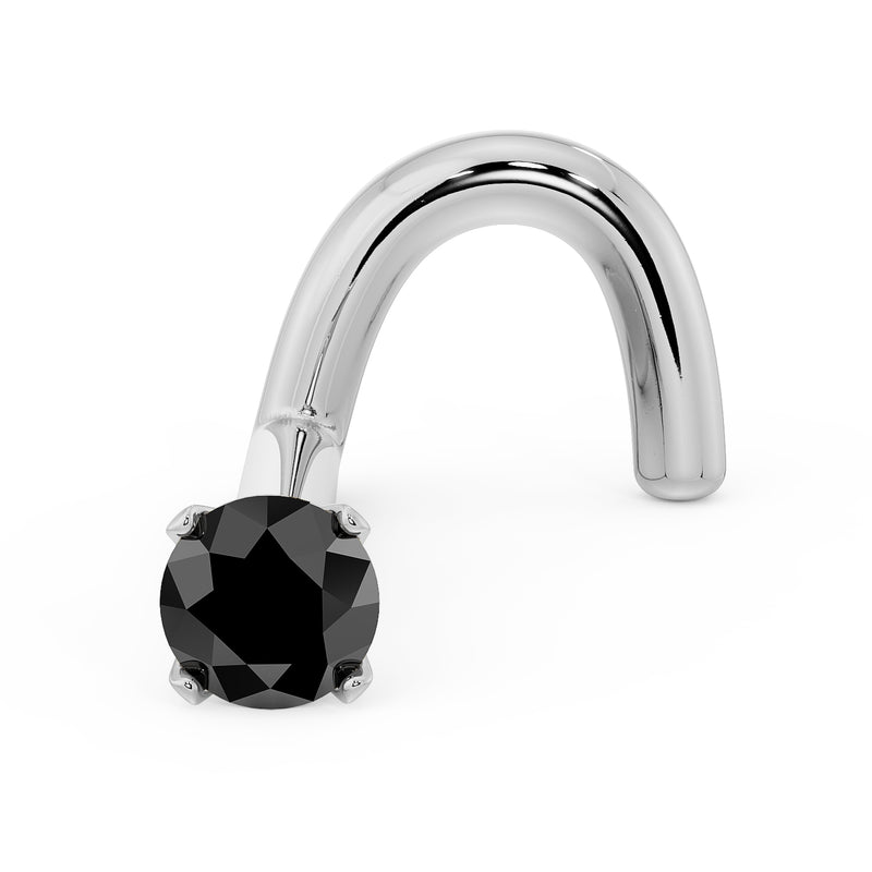 14k white gold twist nose screw with 2mm black diamond, angled view showing prong detail
