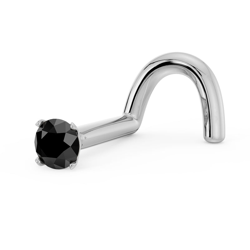 Side profile of 14k white gold twist nose ring showing black diamond prong setting and curved post