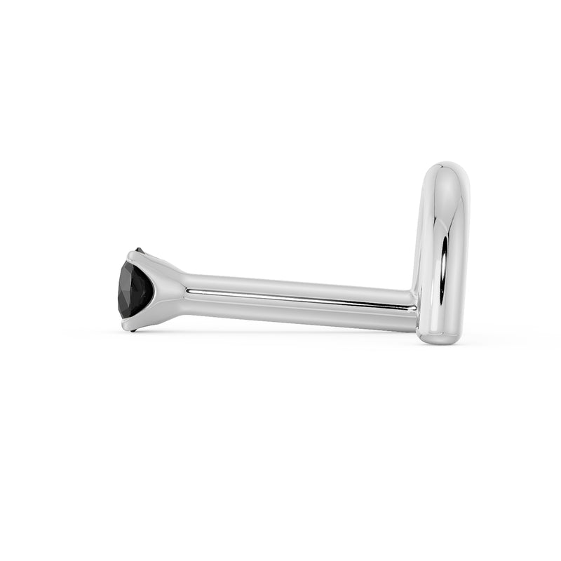 Side profile of platinum bone nose stud with 2mm black diamond, showing straight post length
