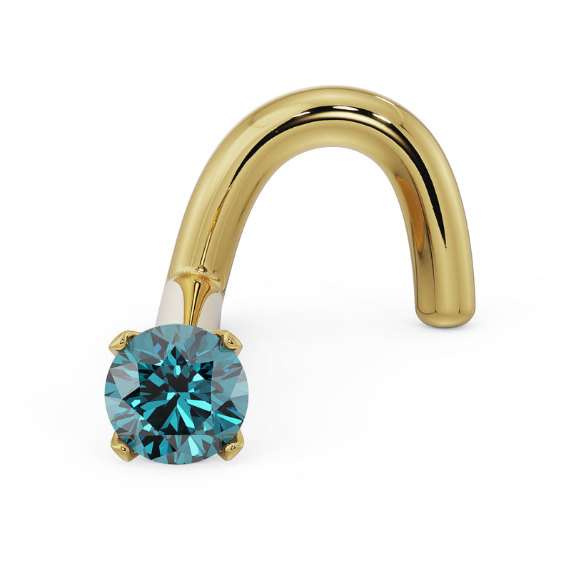 14k yellow gold twist nose ring stud with 2mm blue diamond in four-prong setting, front view