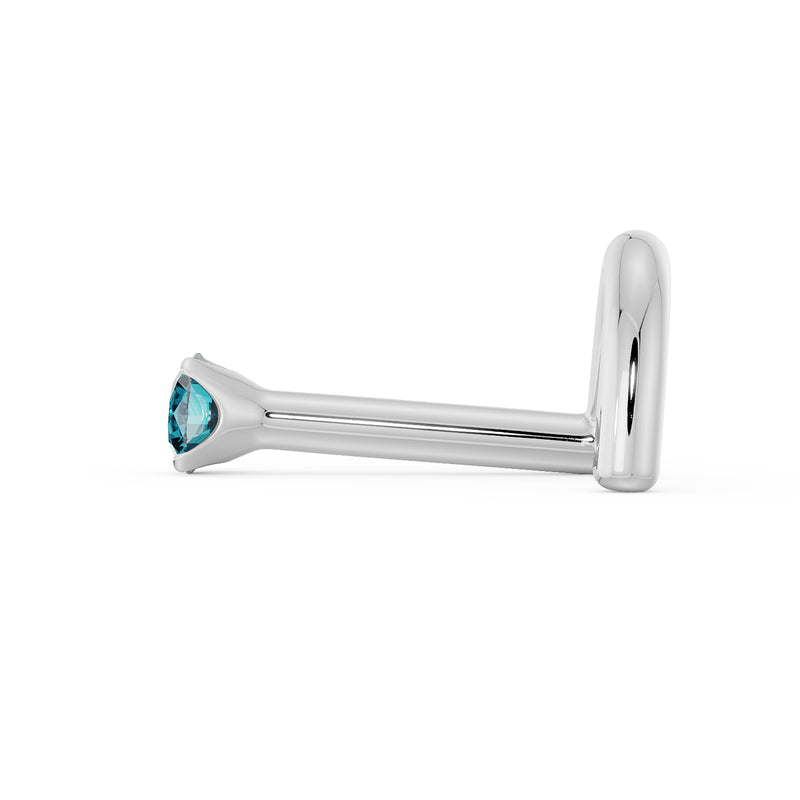 Side profile of 14k white gold blue diamond L-post nose stud showing post length and bend