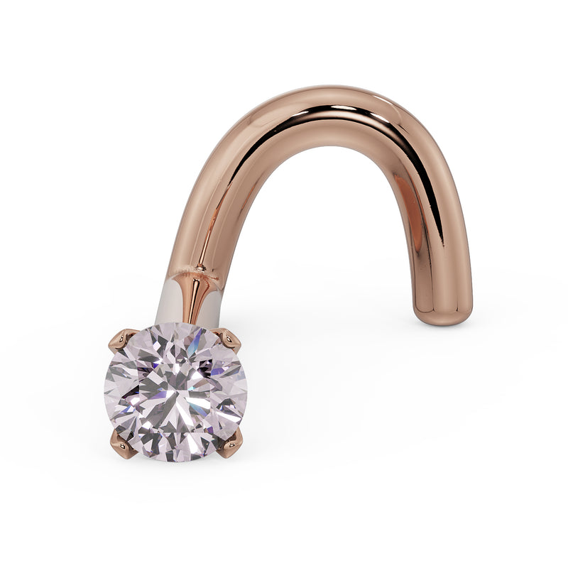 14k rose gold 2mm pink diamond prong nose stud, twist post, angled front view