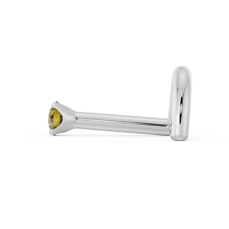 Side profile of white gold yellow diamond nose bone stud showing straight post and ball end