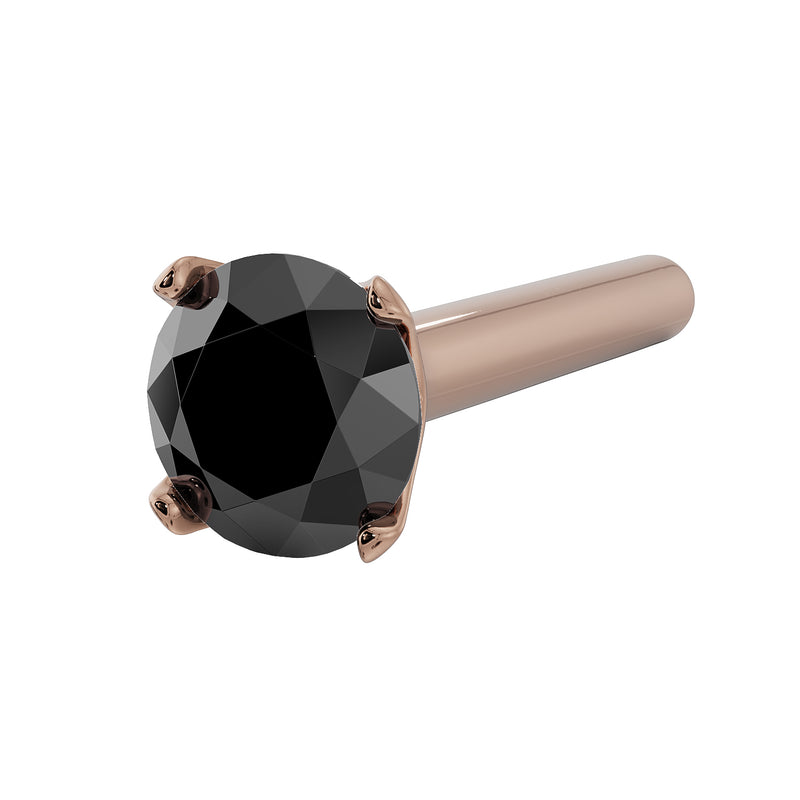 14k rose gold black diamond straight post nose stud with prong setting, angled side view