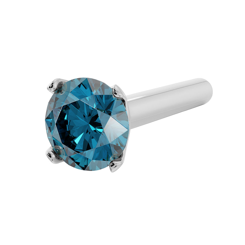 14k white gold 2.5mm blue diamond straight post nose stud, side-angled view of prong setting