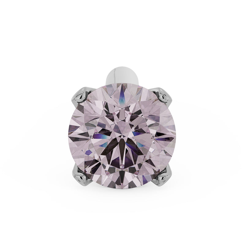 Overhead macro view of 2.5mm pink diamond in platinum 4-prong nose stud setting