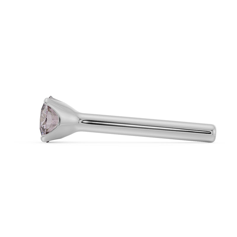 Side profile of 14k white gold pink diamond straight-post nose stud showing low-profile setting