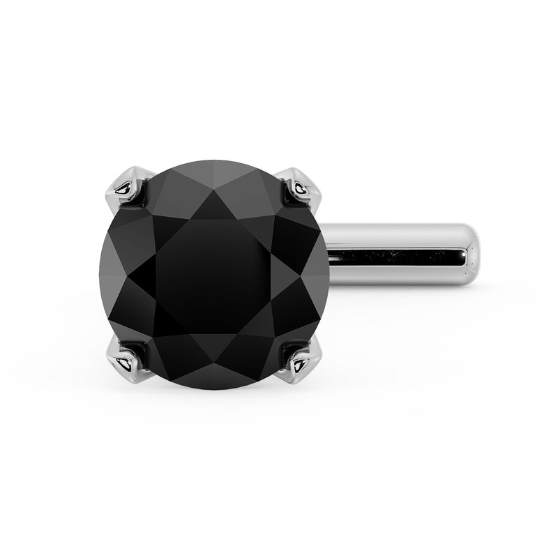 Close-up angled view of 3mm black diamond in white gold four-prong setting on straight post nose stud
