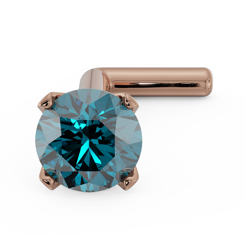 14k rose gold 3mm blue diamond L-post nose stud, angled front view showing warm gold prong setting