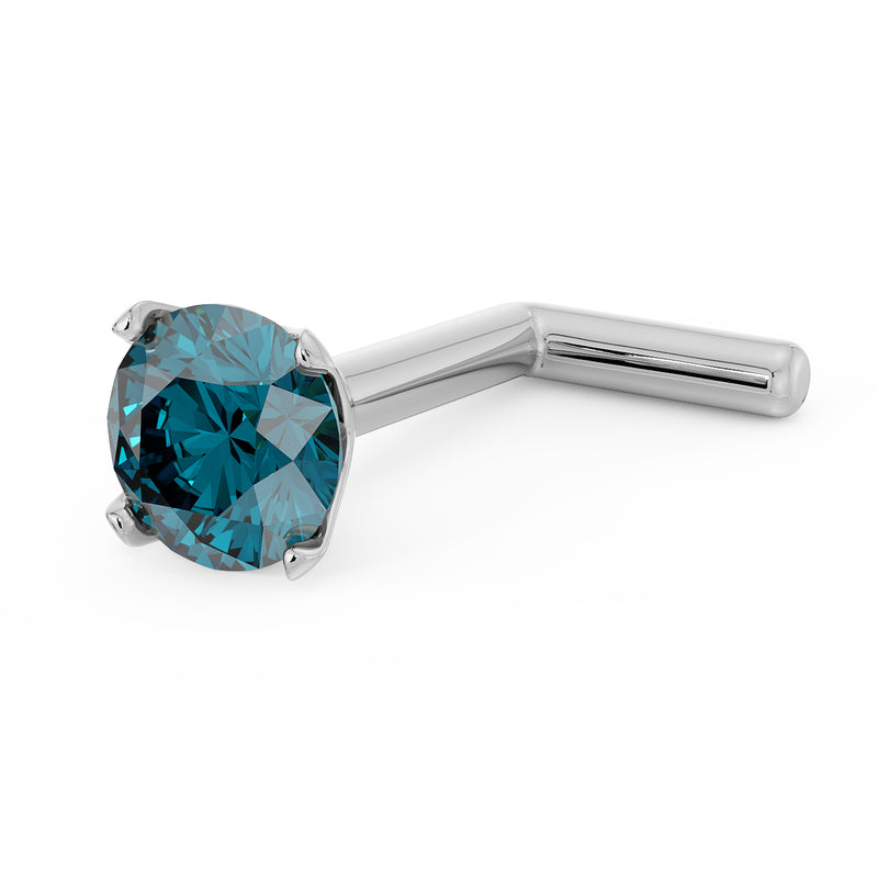 14k white gold blue diamond nose stud with L-post, side-angled view showing prong setting and post