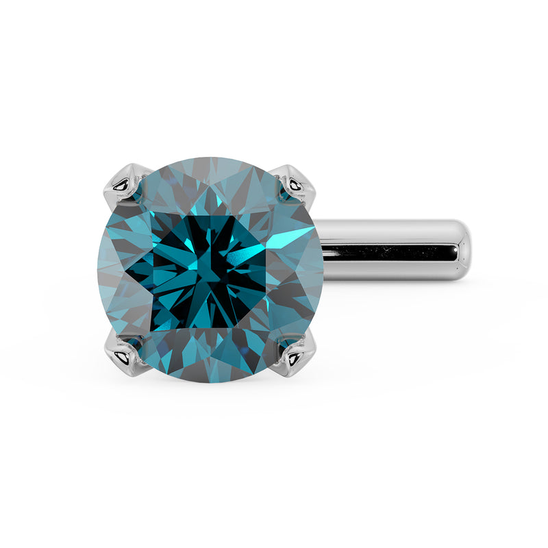 14k white gold blue diamond L-post nose stud, top-angled close-up of four-prong setting and stone