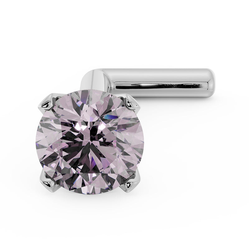 14k white gold 3mm pink diamond L-post nose stud, angled top view showing prong setting and post