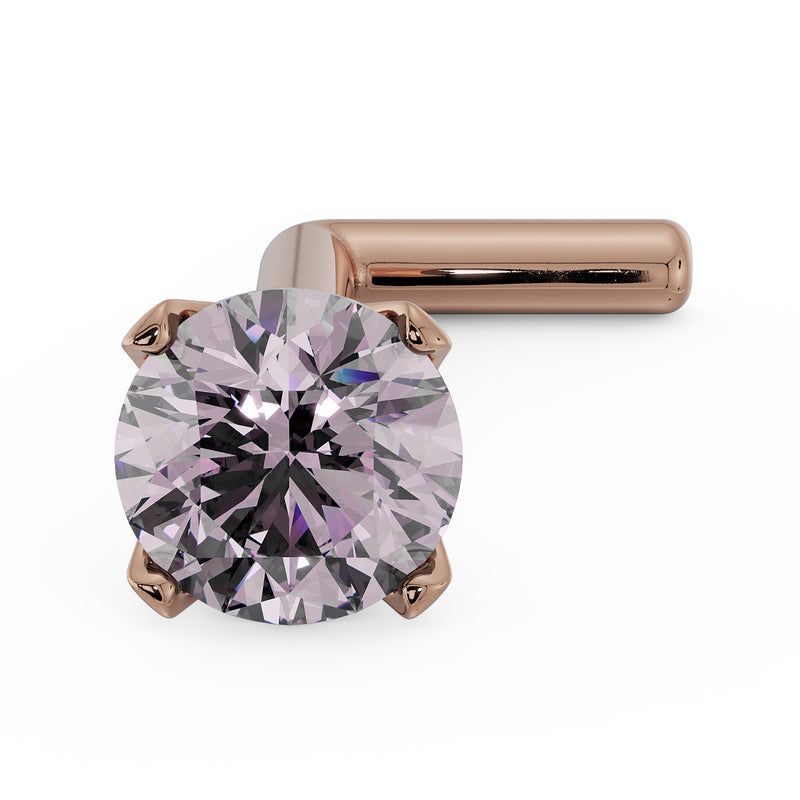 14k rose gold 3mm pink diamond L-post nose stud, angled top view with warm-toned prong setting