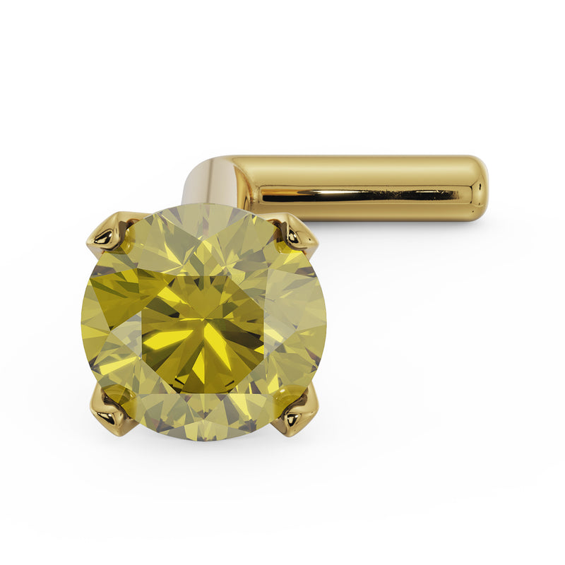14k yellow gold yellow diamond prong nose stud with L-post, angled view of stone and post angle