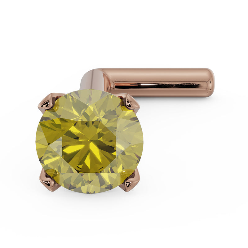 14k rose gold yellow diamond prong nose stud with L-post, angled view showing post style