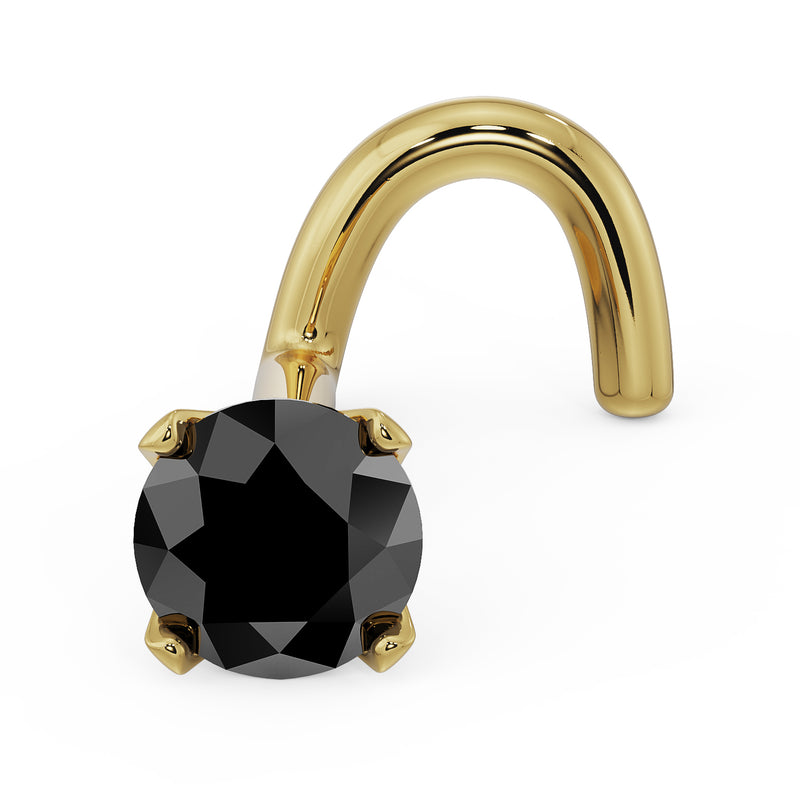14k yellow gold 3mm black diamond prong nose screw, angled view showing warm gold twist post