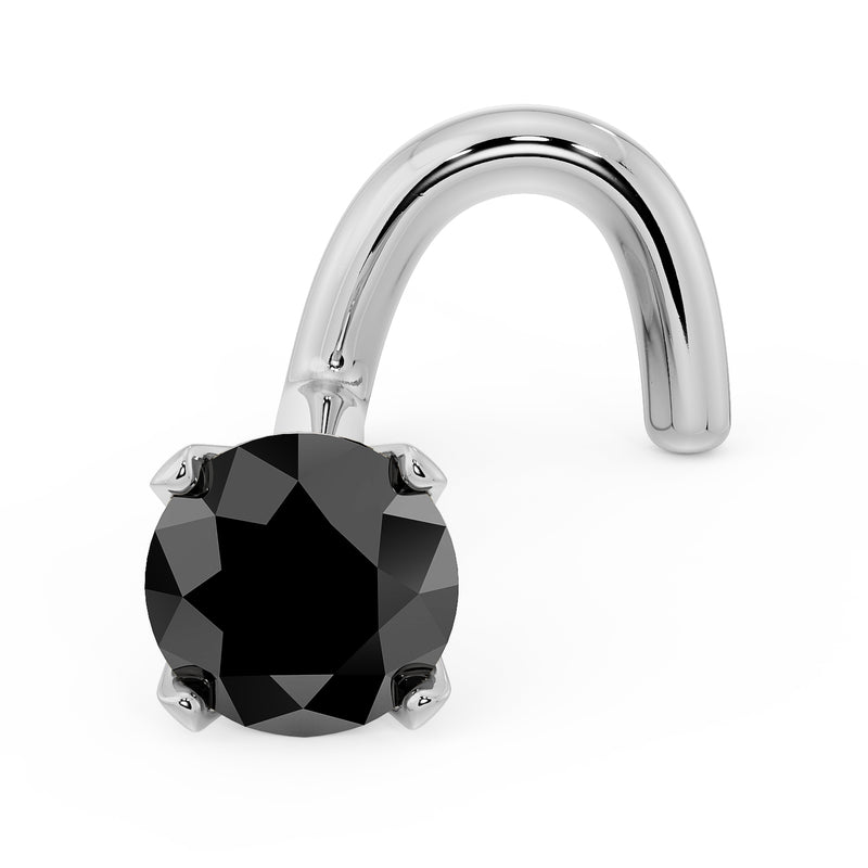 14k white gold 3mm black diamond nose screw, angled view highlighting faceted stone and twist post