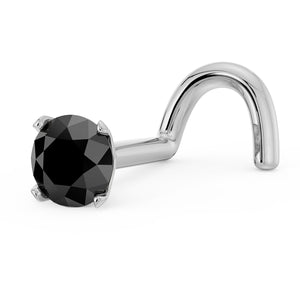 Side profile of 3mm black diamond white gold nose screw showing twist shape and four-prong setting