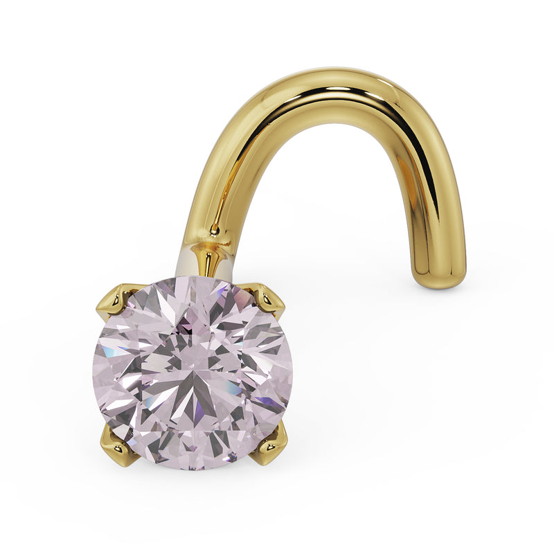 14k yellow gold pink diamond twist nose ring stud, angled front view showing four-prong setting
