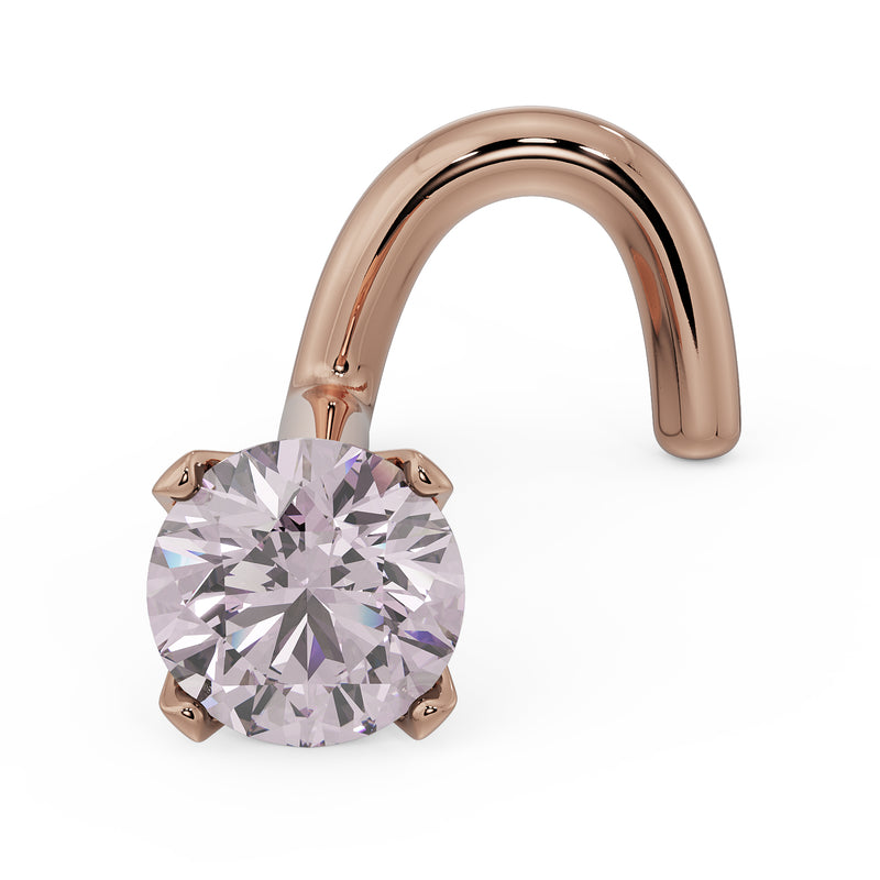14k rose gold pink diamond twist nose ring stud, angled front view with warm-toned prong setting