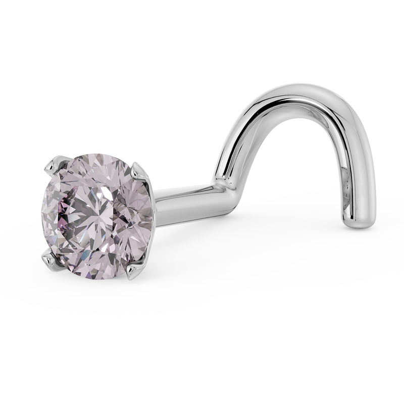 Side profile of 14k white gold pink diamond nose ring showing twist post shape and prong setting