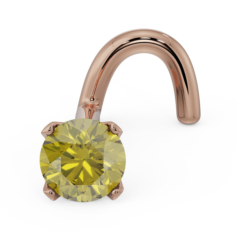 14k rose gold yellow diamond prong nose stud with screw twist post, angled product view