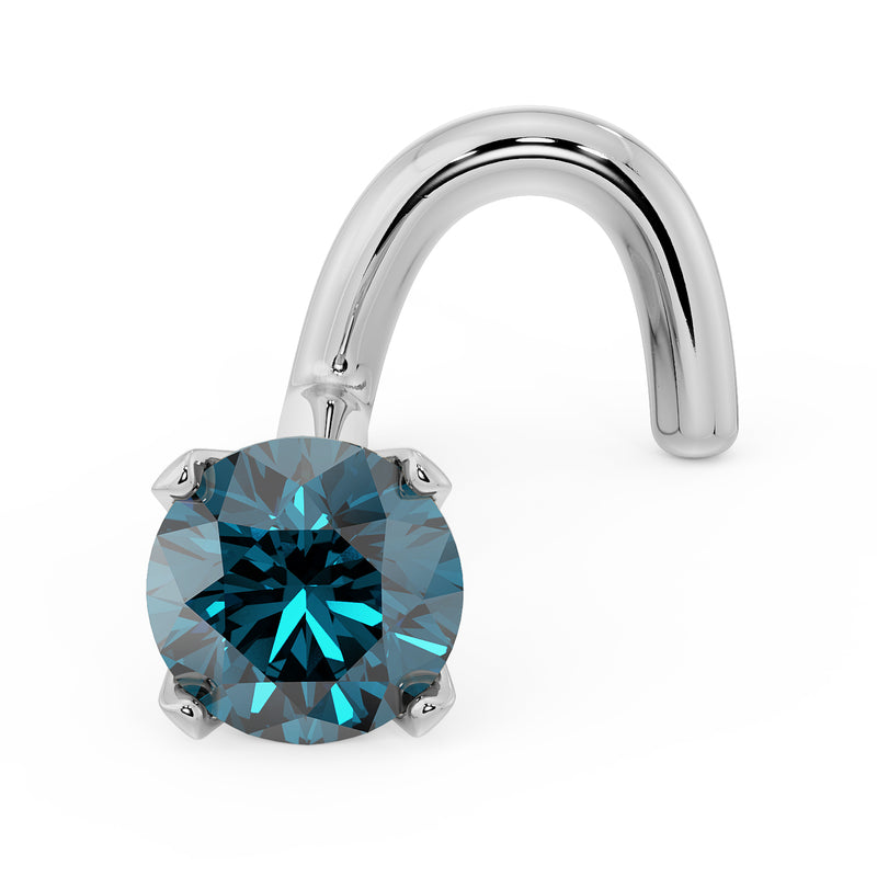 14k white gold blue diamond twist nose stud showing prong setting and curved post from below
