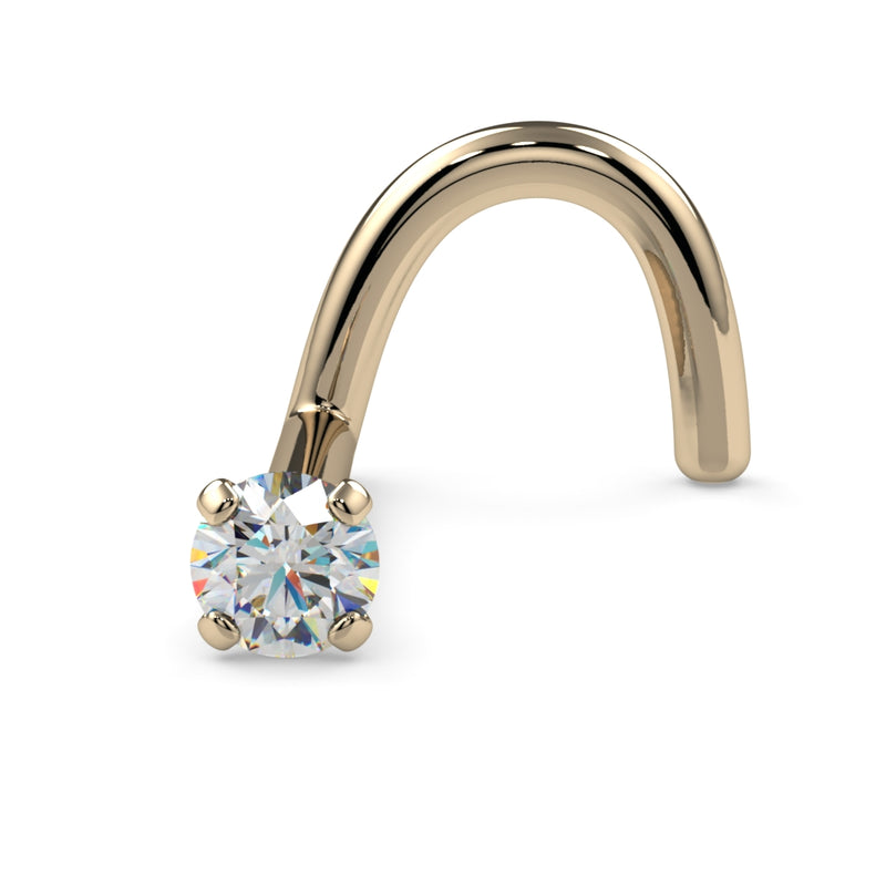 14k yellow gold 1.7mm diamond twist nose ring, front-angled view highlighting prong and curl