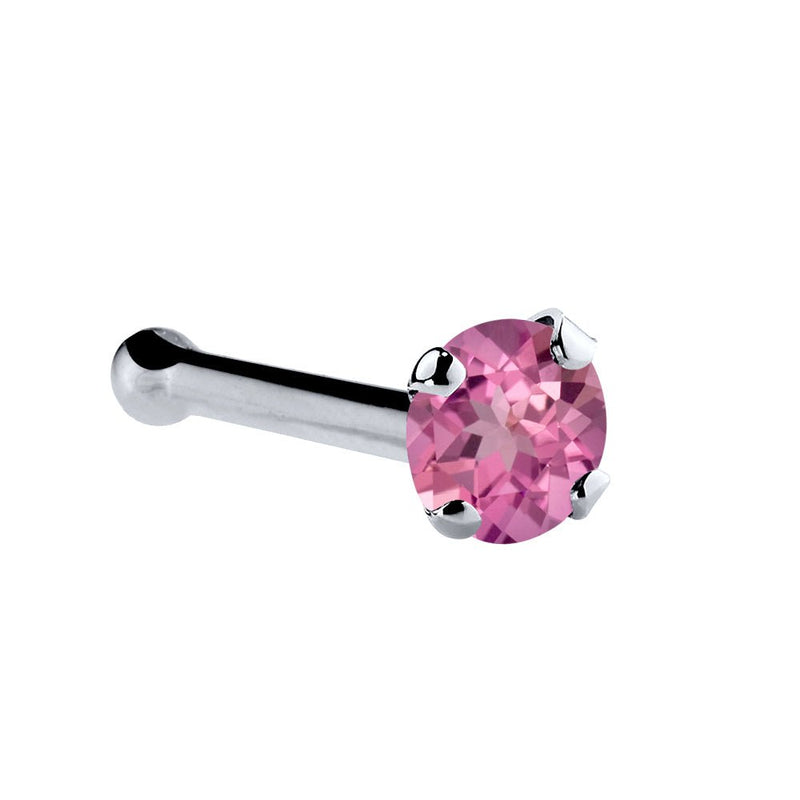 14K white gold pink tourmaline bone nose ring with 1.5mm tiny genuine stone and ball end, side view