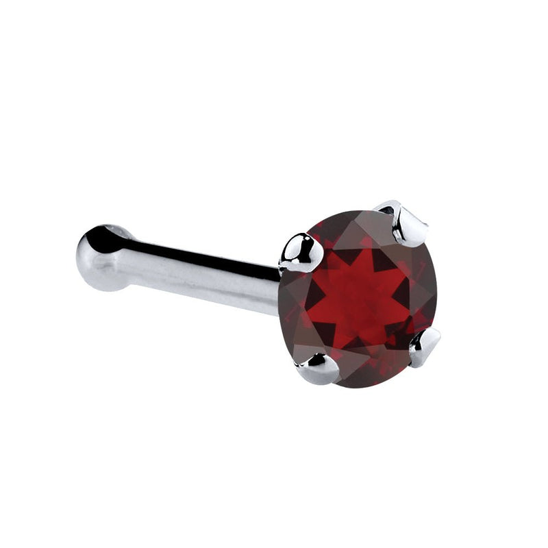 14K white gold garnet nose bone with 2mm standard round red garnet and ball-end straight post