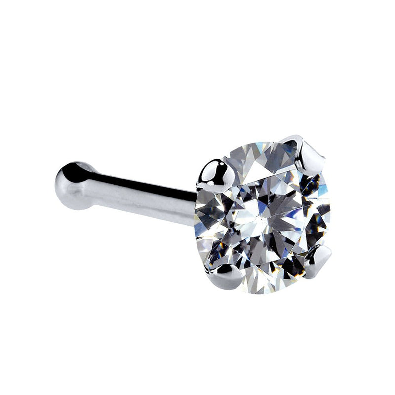 14k white gold 3mm CZ nose bone style showing ball end backing and 4-prong CZ setting