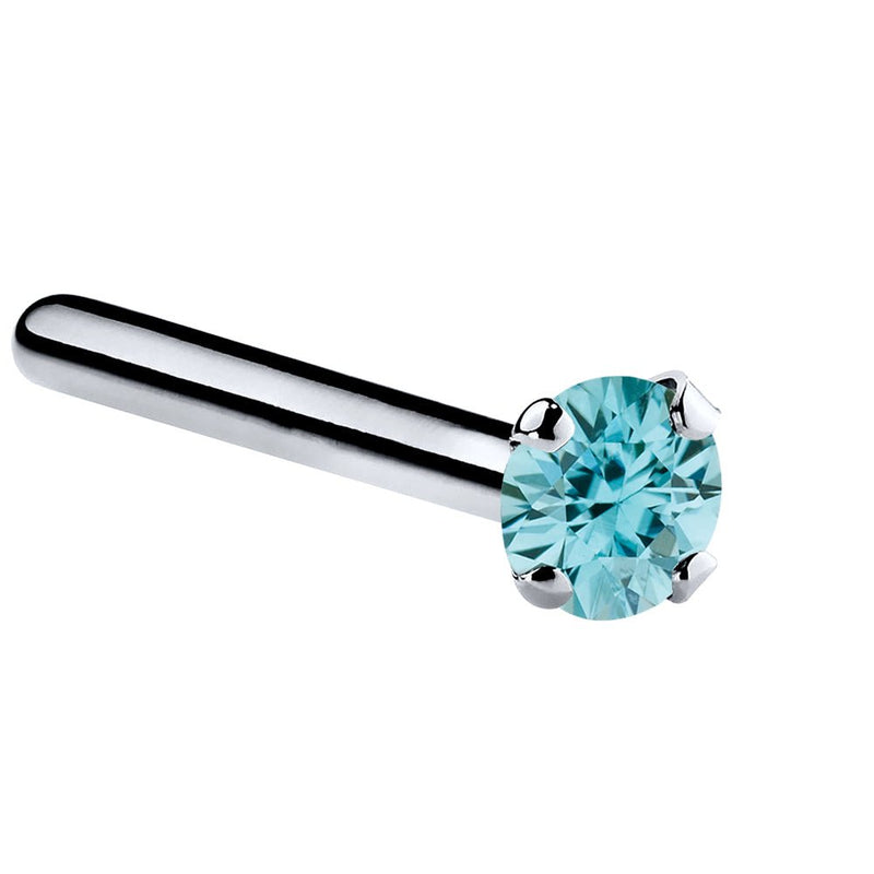14K white gold straight pin nose ring with 1.5mm genuine blue zircon, flat post style