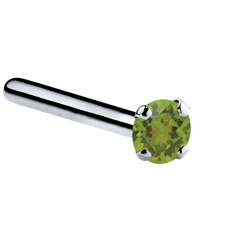 14K white gold peridot straight pin nose ring with 1.5mm tiny genuine green stone