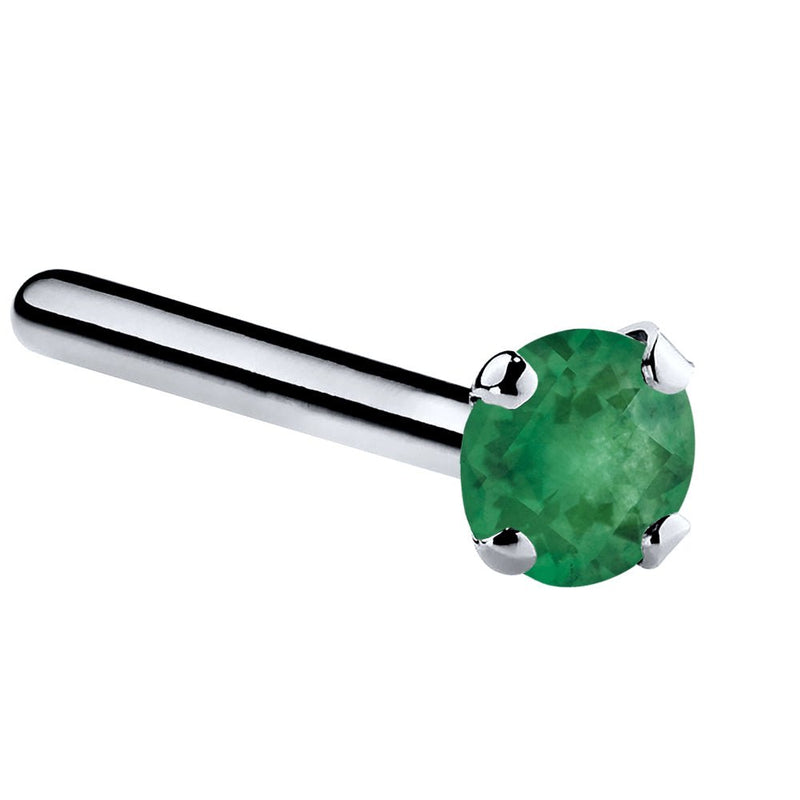 Platinum genuine emerald straight pin nose stud with standard 2mm prong-set green emerald