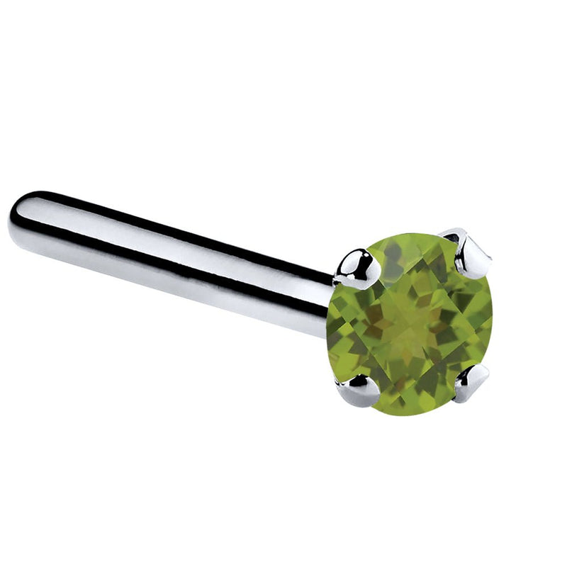 14K white gold peridot straight pin nose ring with 2mm genuine green stone, side view