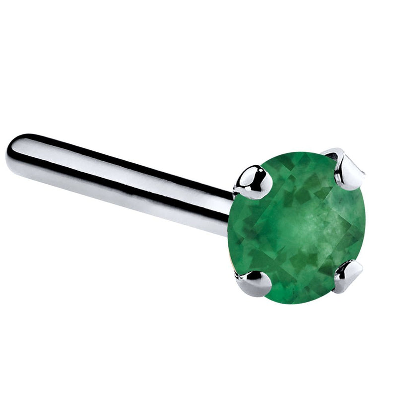 Platinum genuine emerald straight pin nose stud with large 3mm prong-set green emerald stone