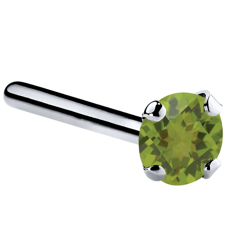 14K white gold peridot straight pin nose ring with 3mm large genuine green stone, side view