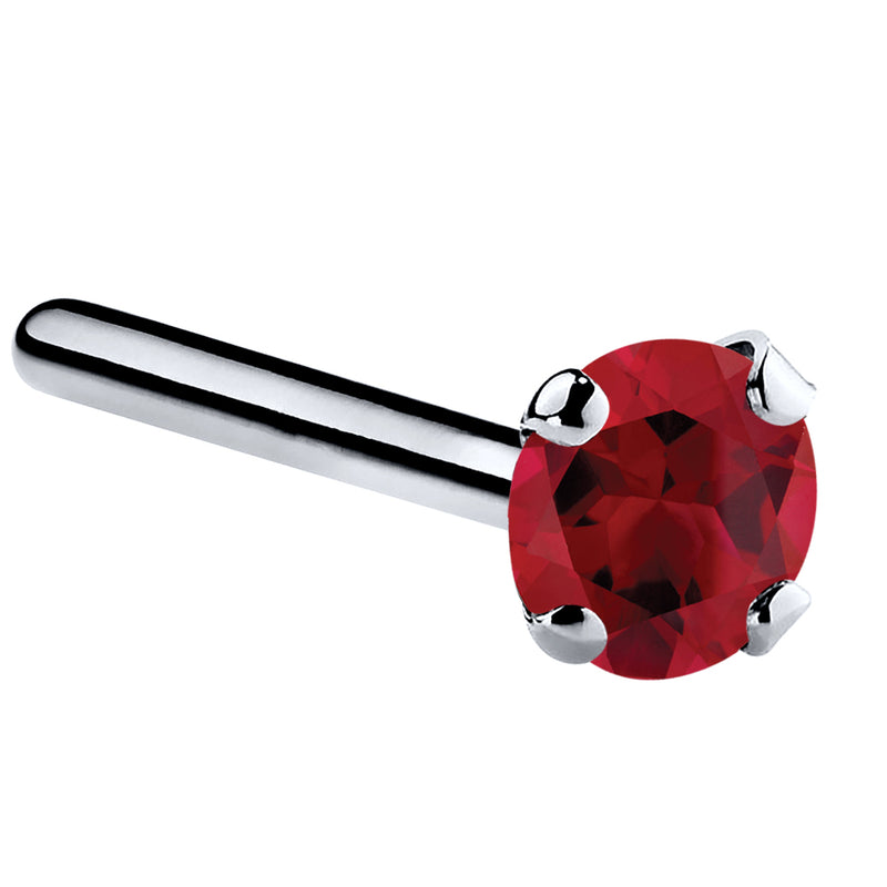 14K white gold genuine ruby straight post nose ring with 3mm large red stone, pin-end style view