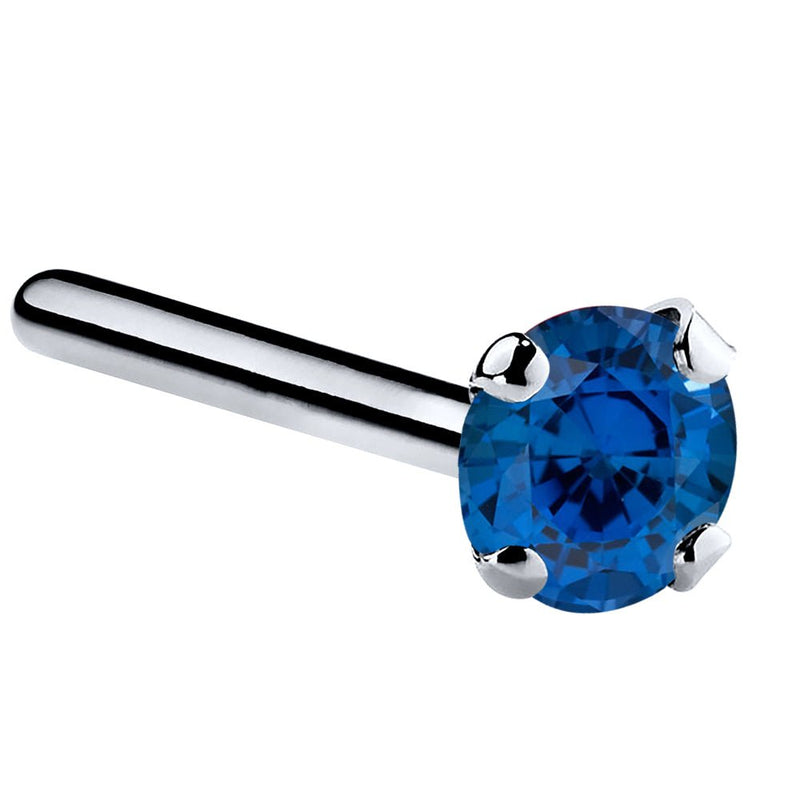 14K white gold blue sapphire pin post nose ring with 3mm large stone, straight post angled view
